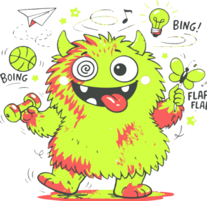 ein lustiges monster, das viele Dinge in der Hand jongliert - symbolisiert Überforderung