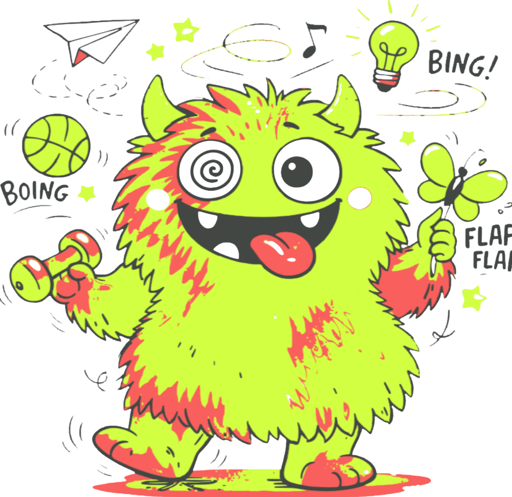 Wie Körper und ADHS zusammenarbeiten ein lustiges monster, das viele Dinge in der Hand jongliert - symbolisiert Überforderung